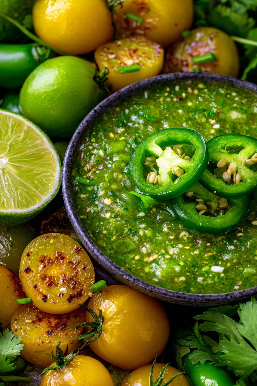 Salsa Verde with Roasted Tomatillos in bowl garnished cilantro