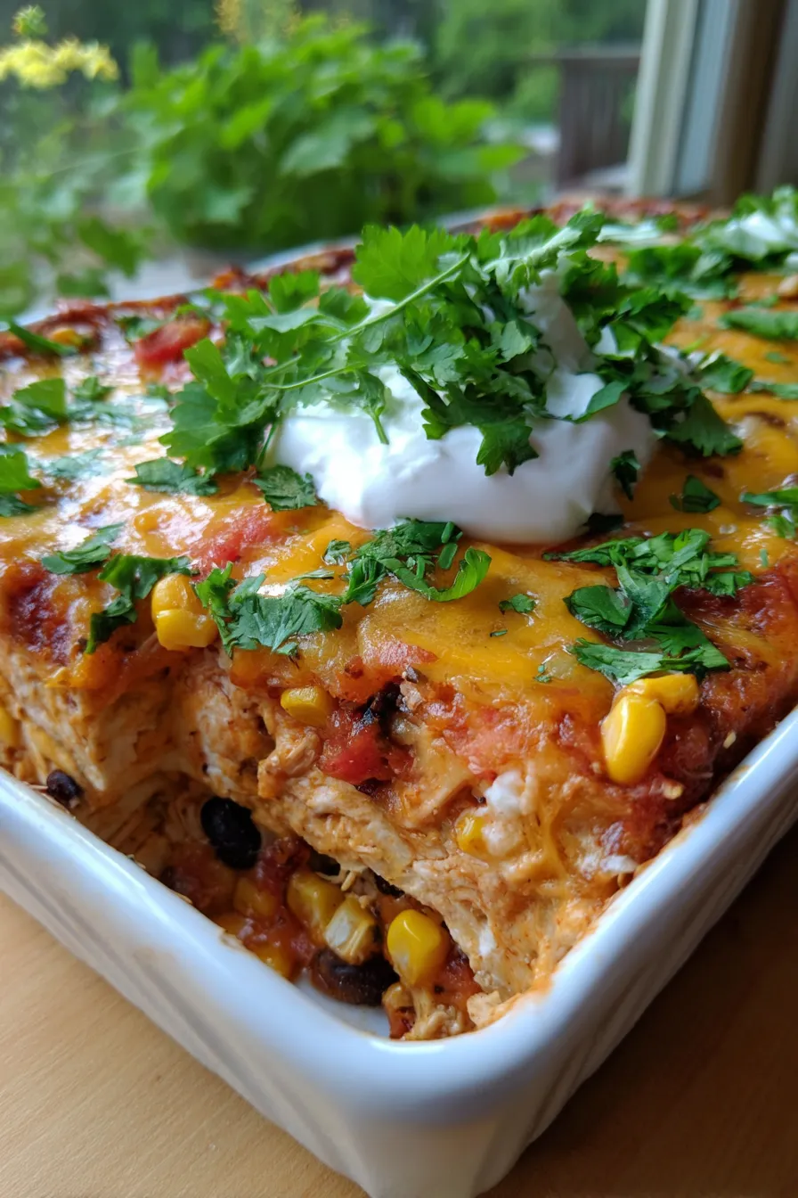 serving spoon chicken burrito casserole