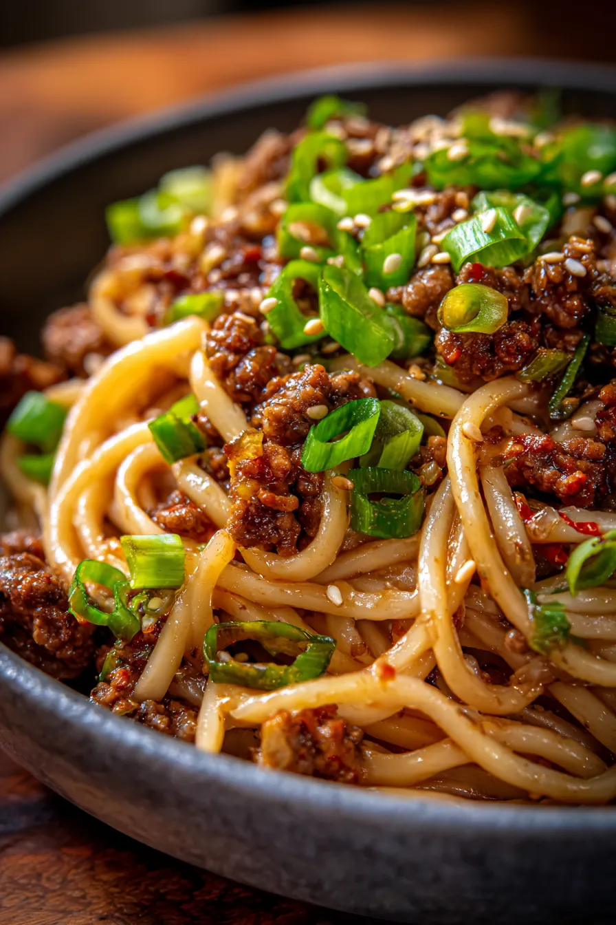 Slow Cooker Mongolian Ground Beef Noodles-texture-closeup