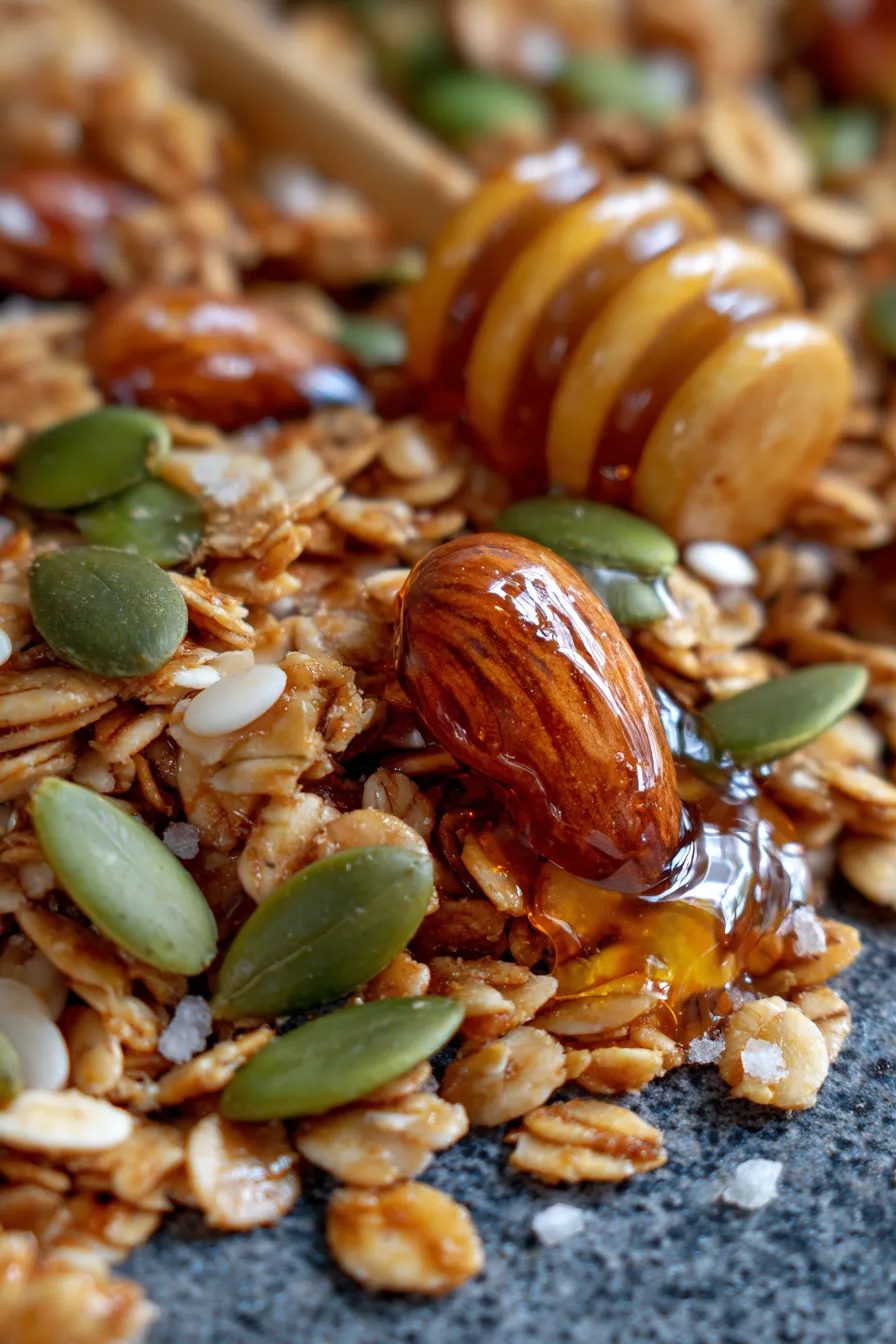 Tahini Honey Granola crispy texture close up