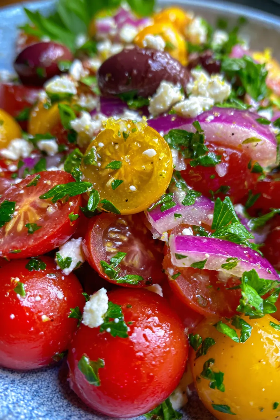Tomato Olive Feta Salsa vibrant closeup texture