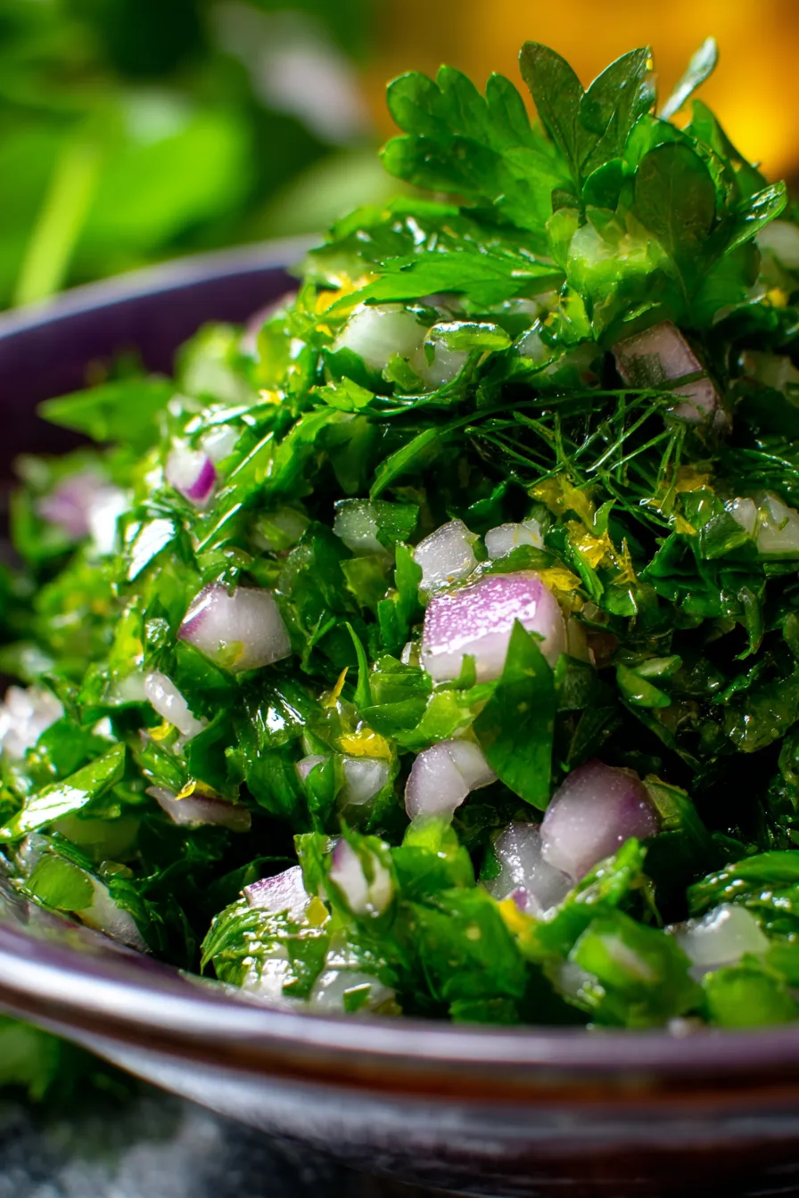 Zesty Lemon Herb Salsa closeup texture bright green herbs
