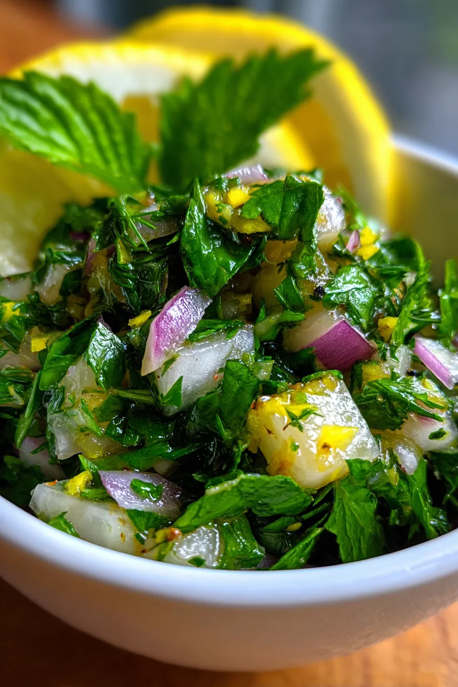 Zesty Lemon Herb Salsa serving bowl with lemon slices