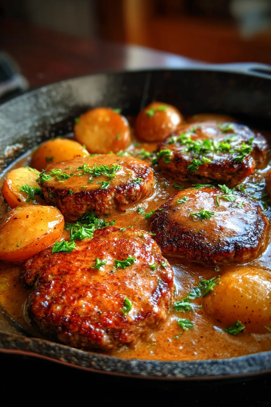 Amish Hamburger Steak Bake-tender-beef-gravy-close-up