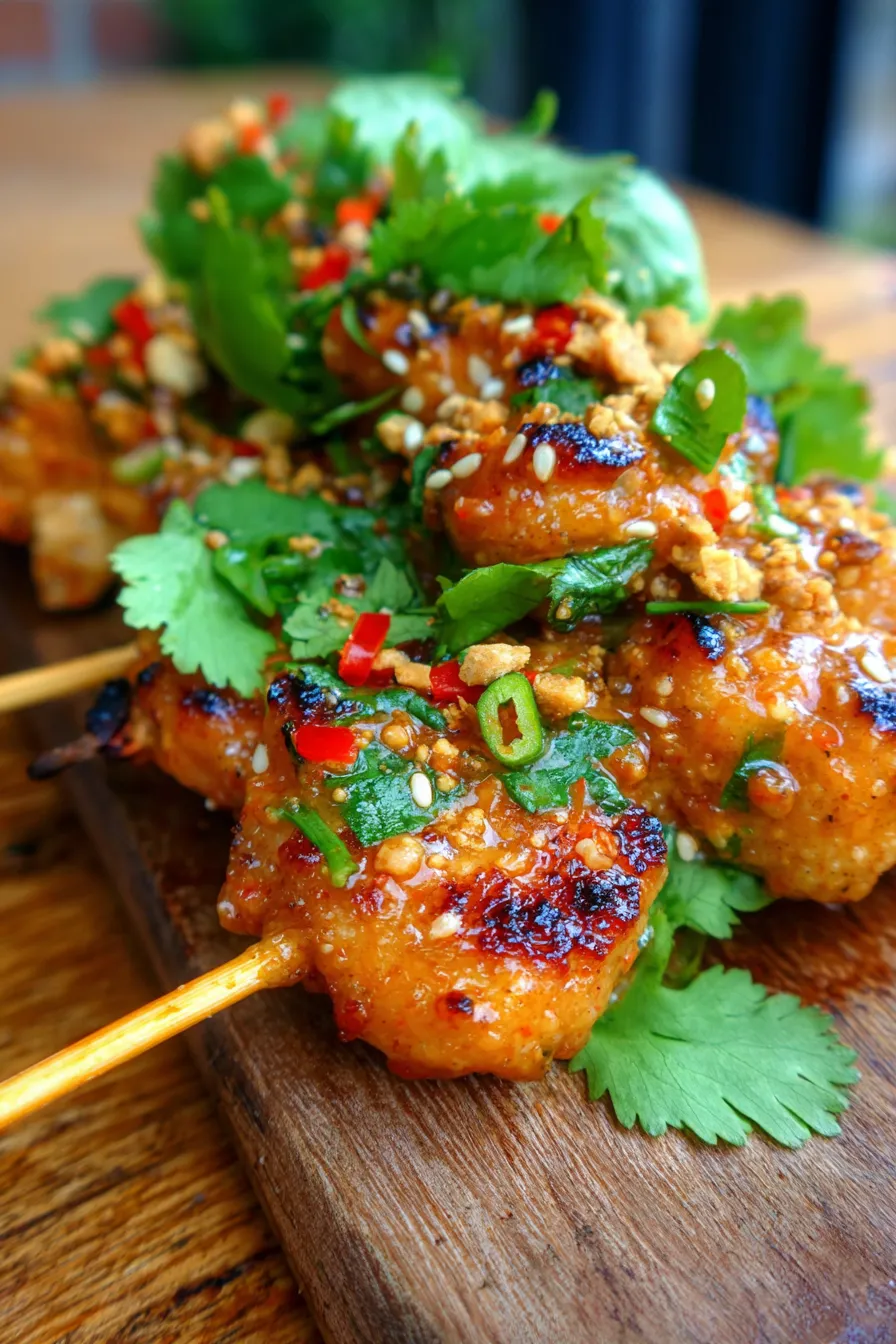 Bang Bang Chicken Skewers (Easy Crowd Favorite)-sauce-drizzle-closeup