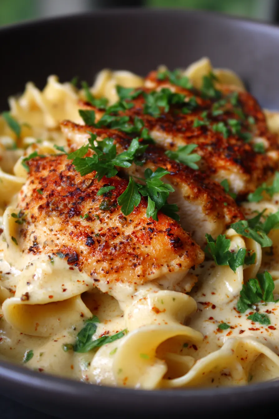 Buttered egg noodles chicken pieces garnish parsley