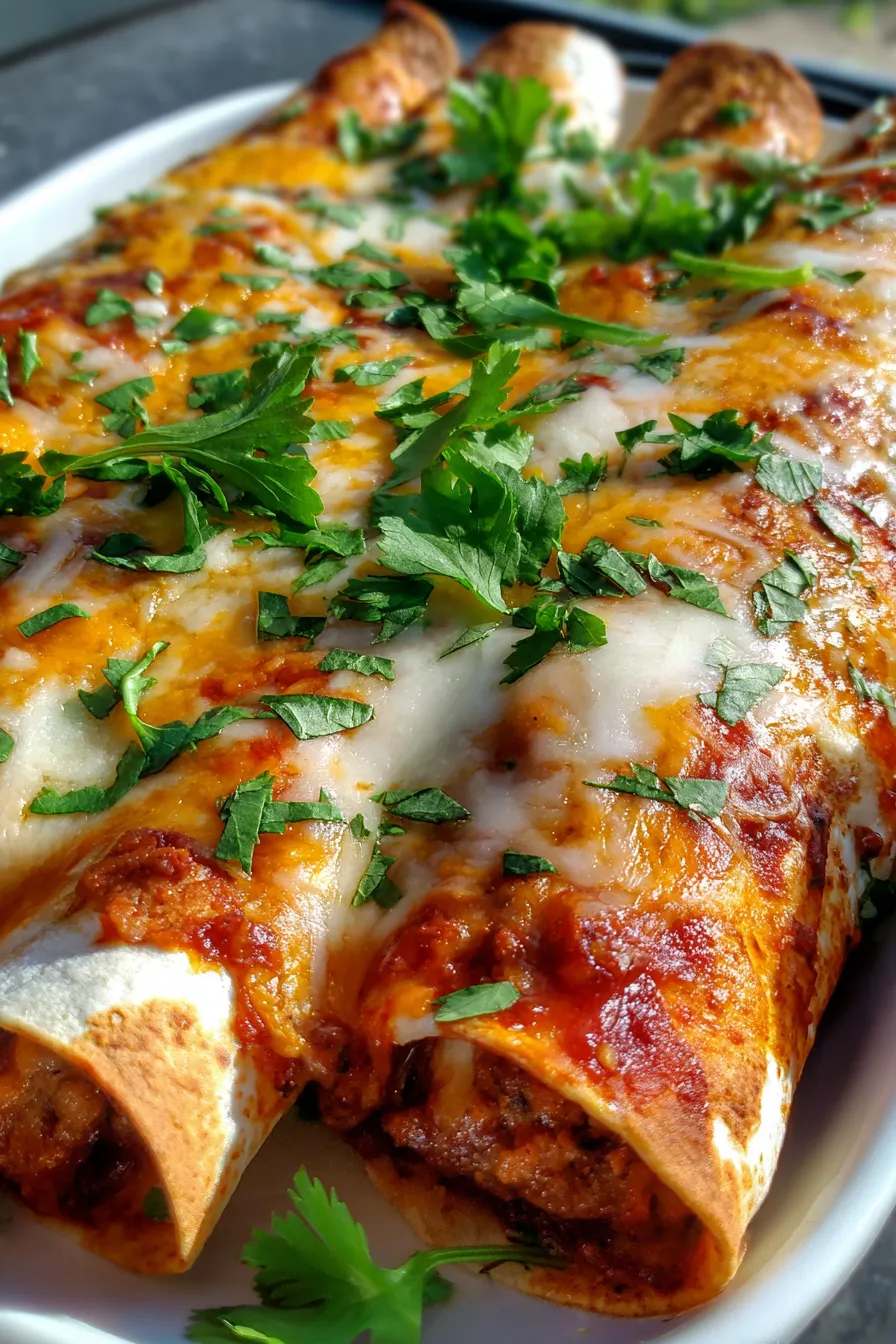 Cheesy Ground Beef Enchiladas-plated-serving-garnished