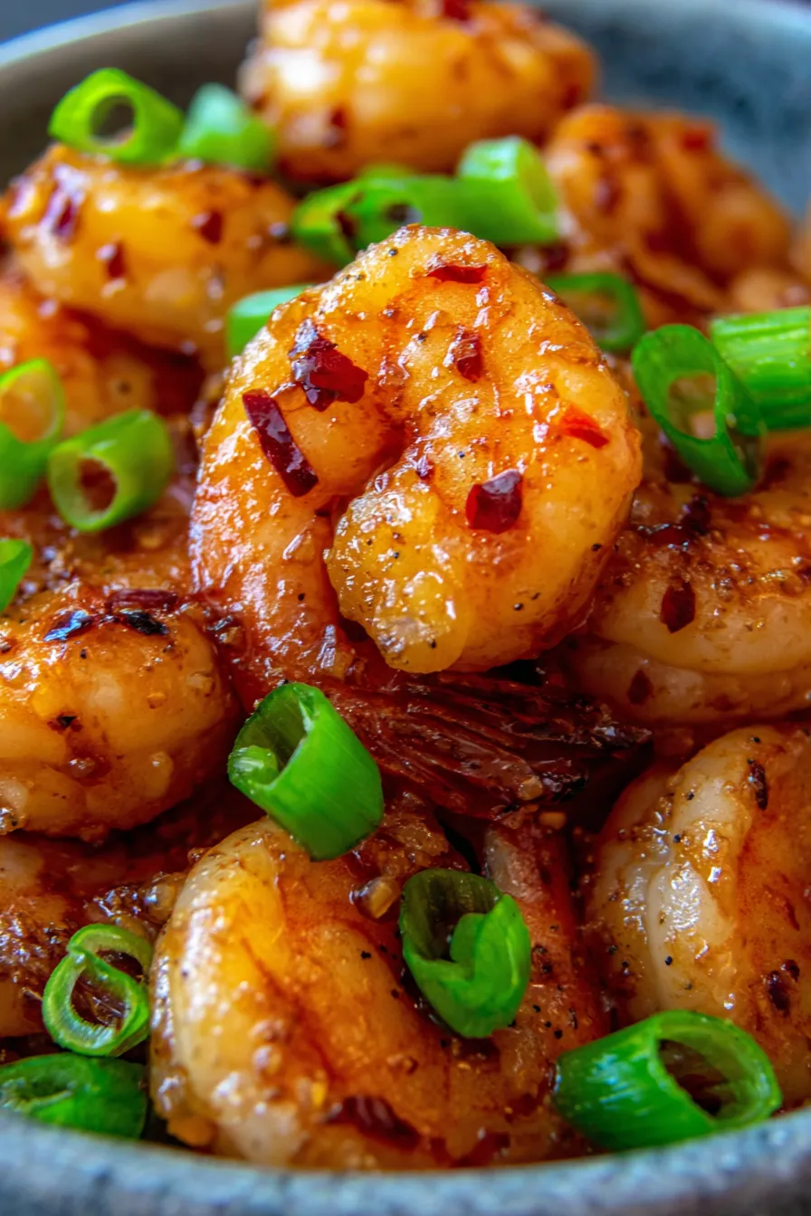 Close-up of glistening honey garlic shrimp, vibrant sauce