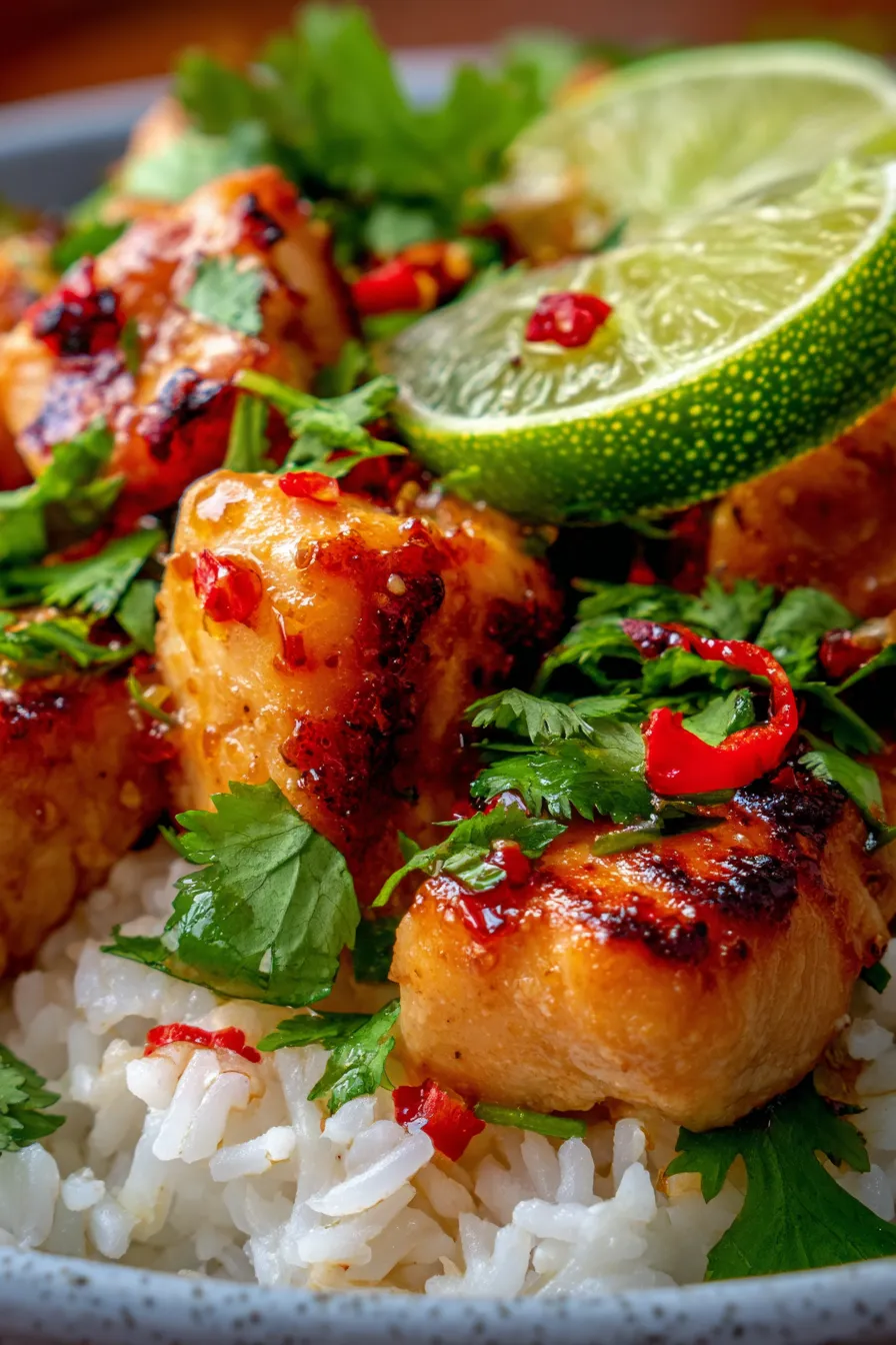 Coconut Chicken Rice Bowl (Quick One-Bowl Dinner) - rice bowl with lime and cilantro