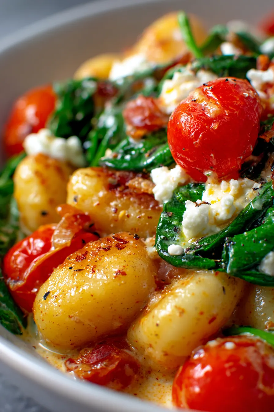 Creamy Gnocchi with Spinach and Feta (One-Pan Dinner)-texture-closeup