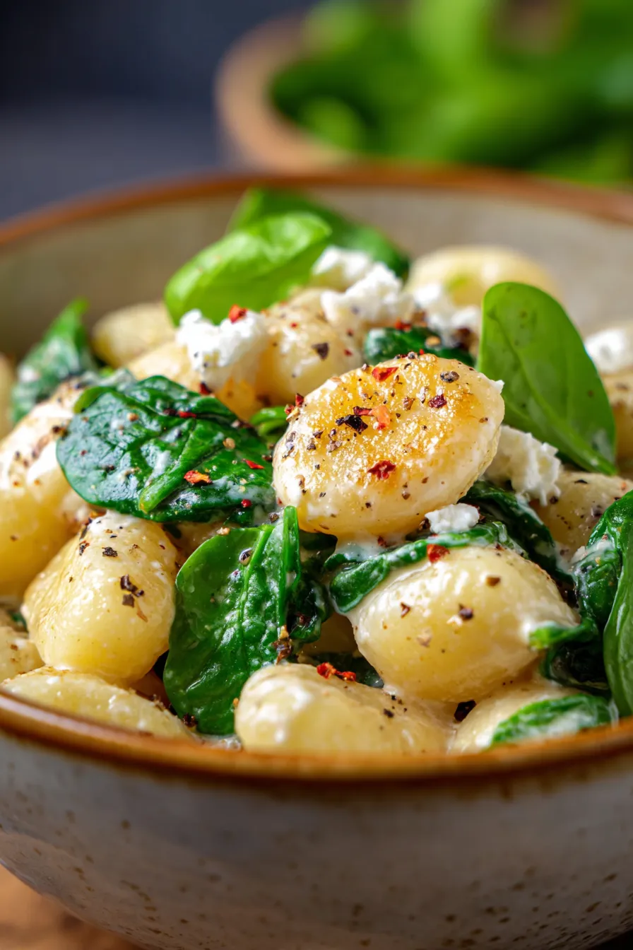 Creamy Gnocchi with Spinach and Feta-texture-closeup