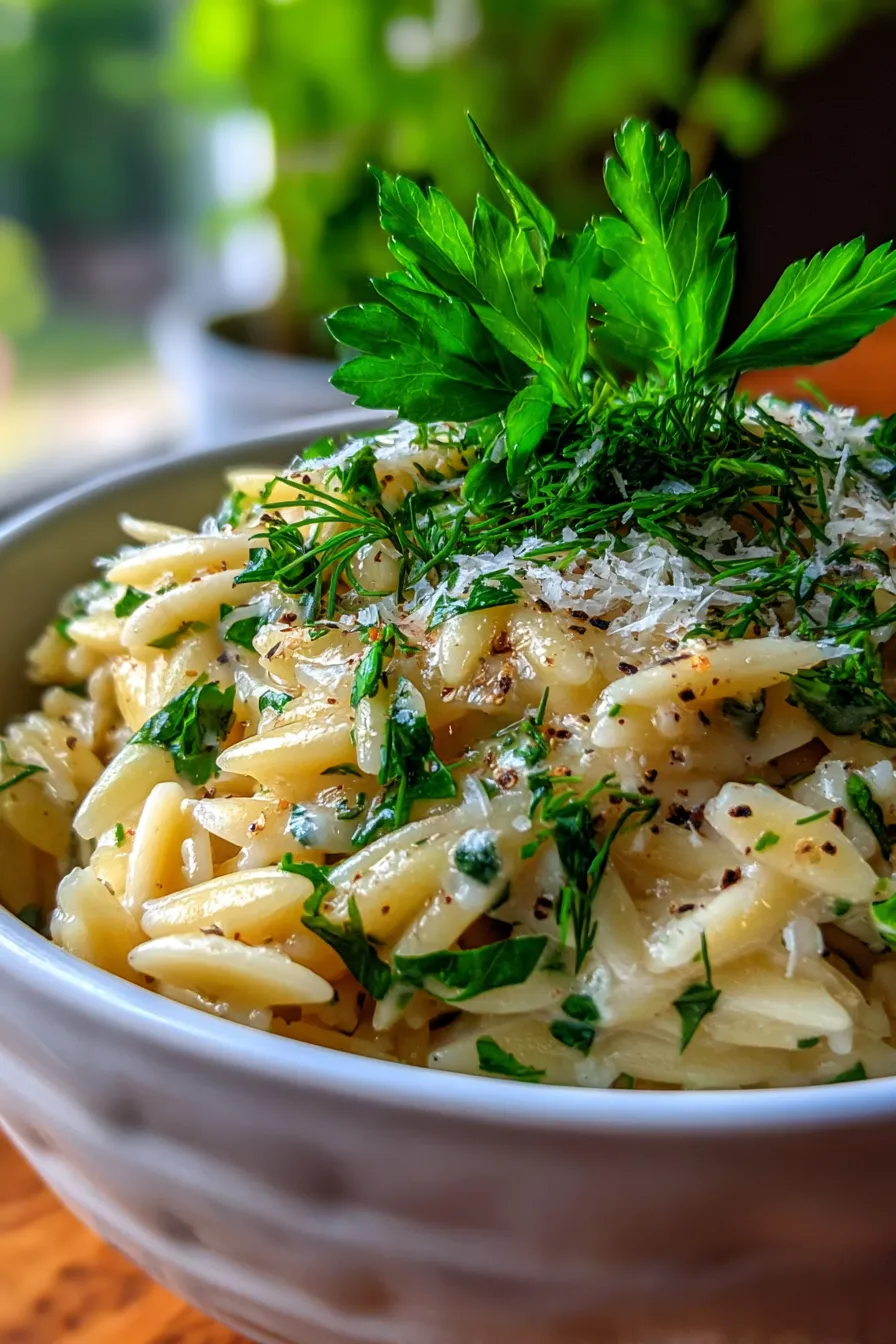 Creamy One-Pot Lemon Herb Orzo - served in bowl - fresh herbs