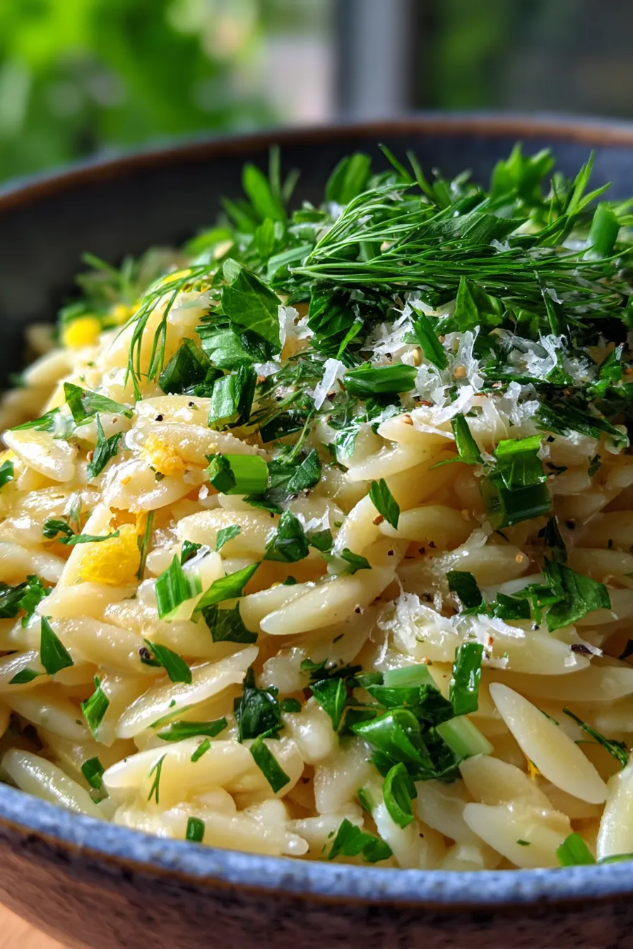 Creamy One-Pot Lemon Herb Orzo - texture closeup - parmesan