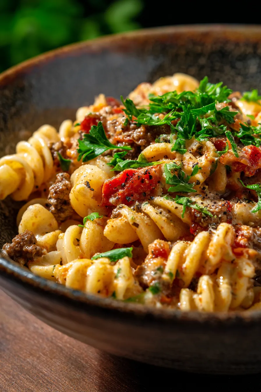 Creamy Rotel Pasta with Ground Beef-texture-closeup