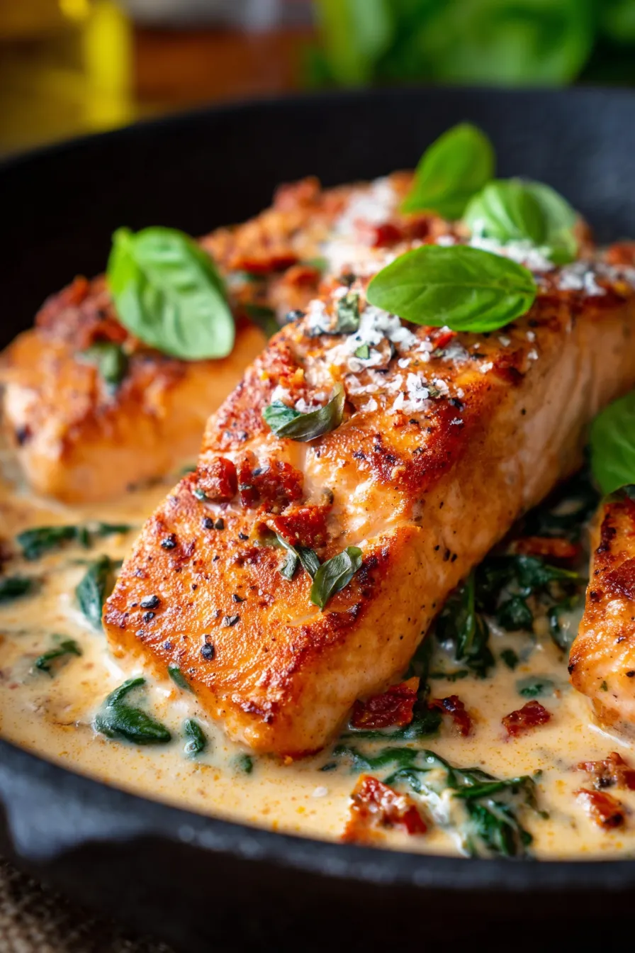 Creamy Tuscan Salmon (30-Minute One-Pan Dinner)-plated-garnished