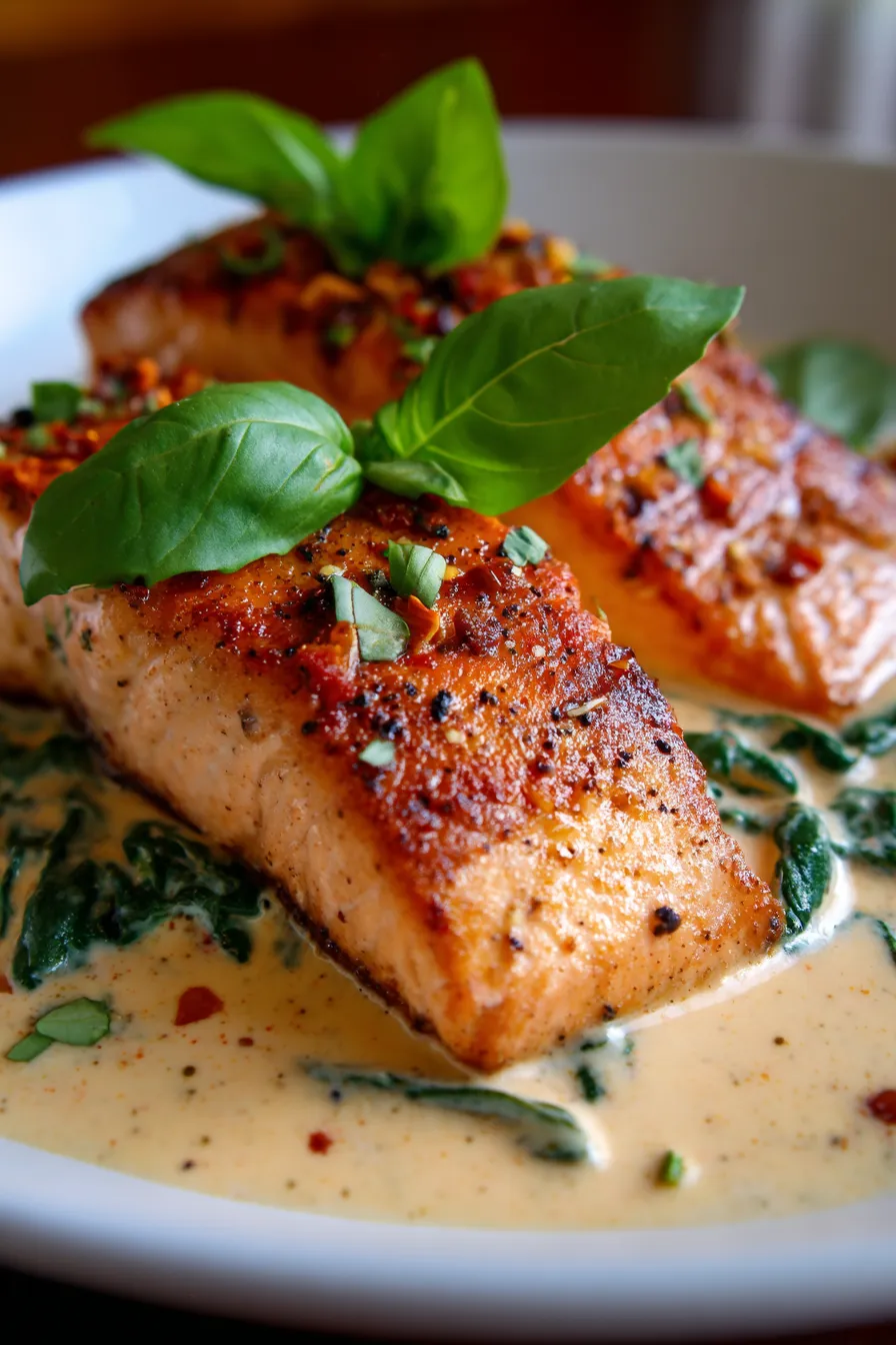 Creamy Tuscan Salmon (Easy 30-Minute Skillet Dinner)-ingredients-overhead