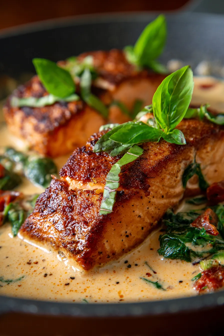 Creamy Tuscan Salmon (Easy 30-Minute Skillet Dinner)-sauce-closeup