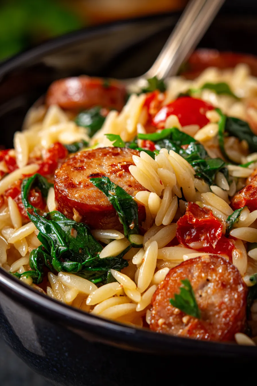 Crockpot Chicken Sausage Orzo closeup creamy texture