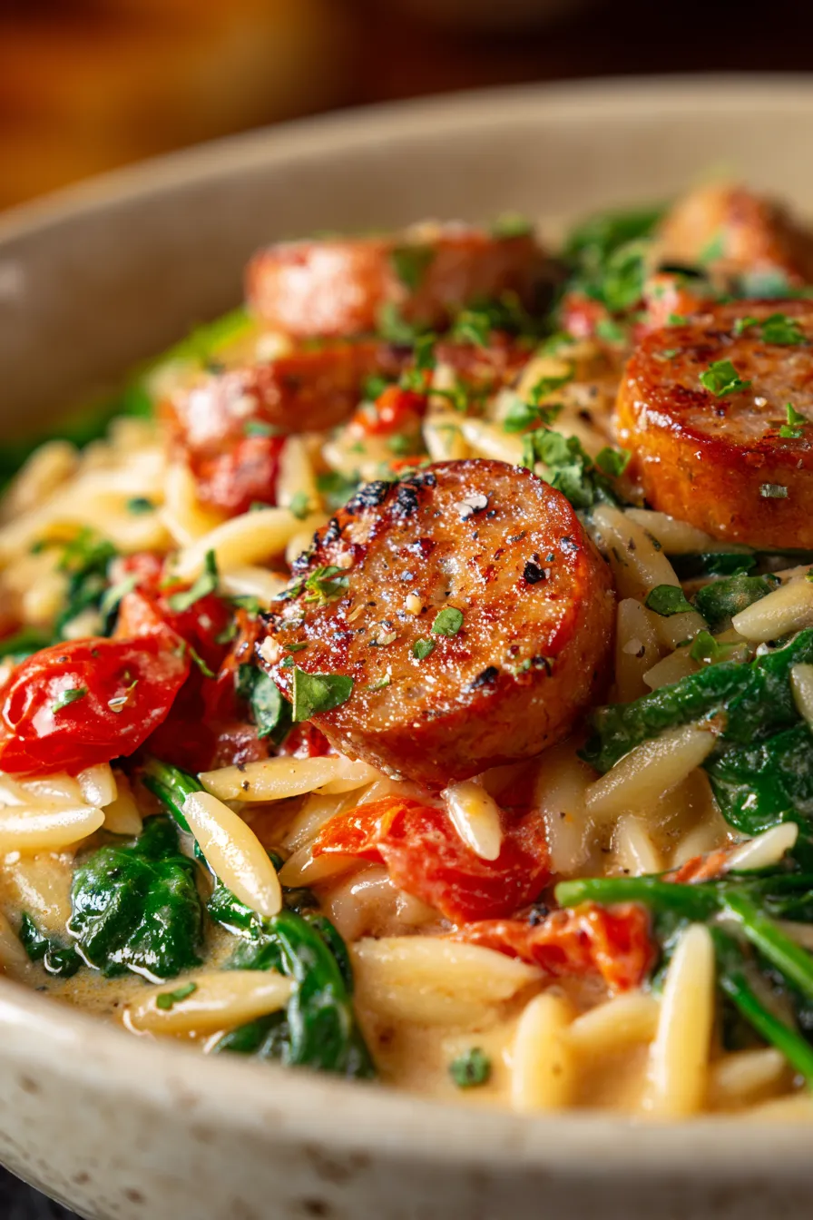 Crockpot Chicken Sausage Orzo serving bowl