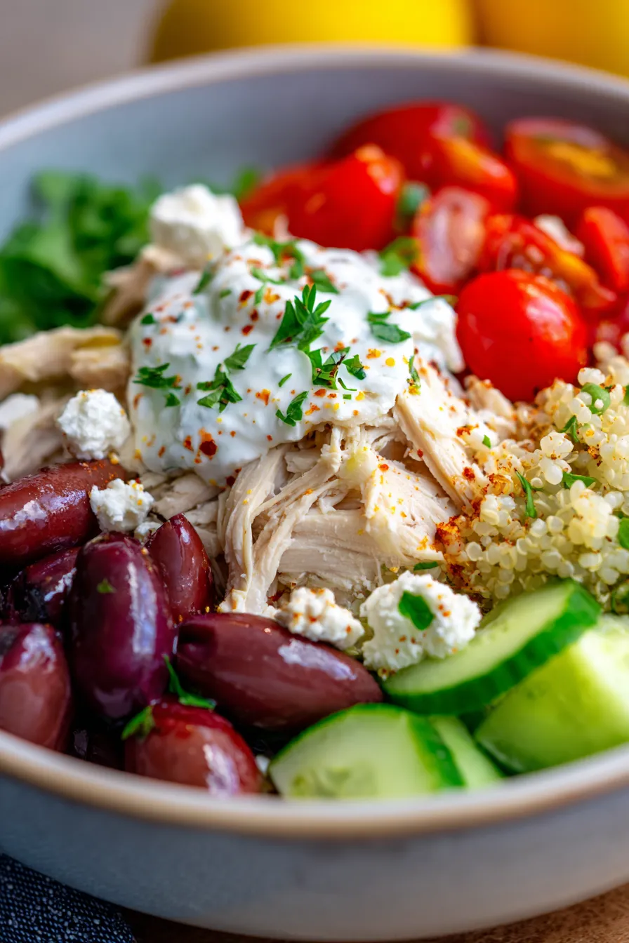 Crockpot Greek Chicken Bowls-complete meal-flatlay