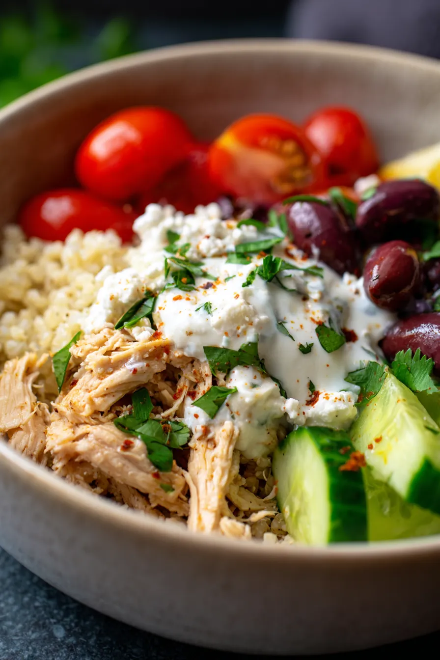 Crockpot Greek Chicken Bowls-fresh vegetables-vibrant