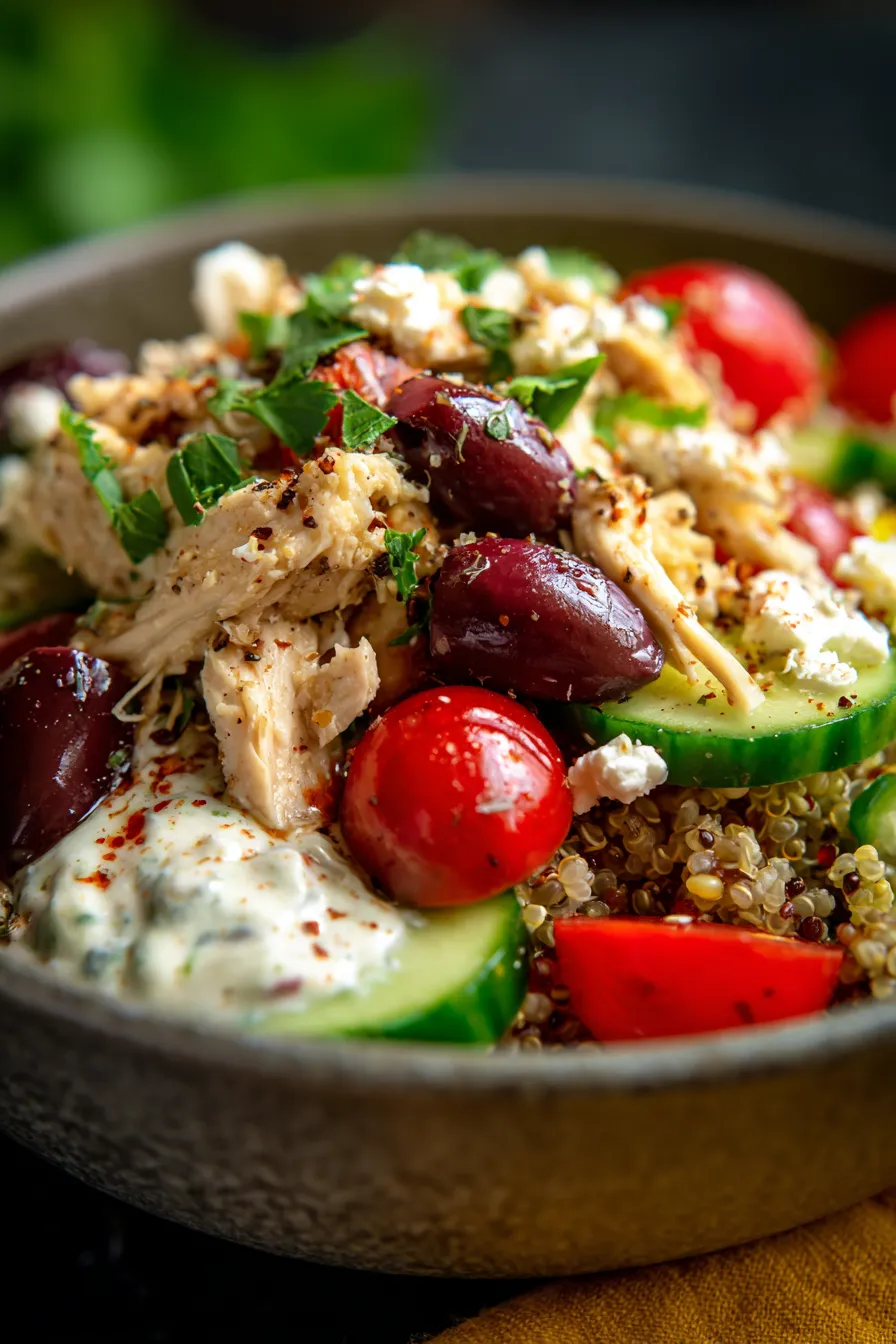 Crockpot Greek Chicken Bowls-shredded chicken-closeup