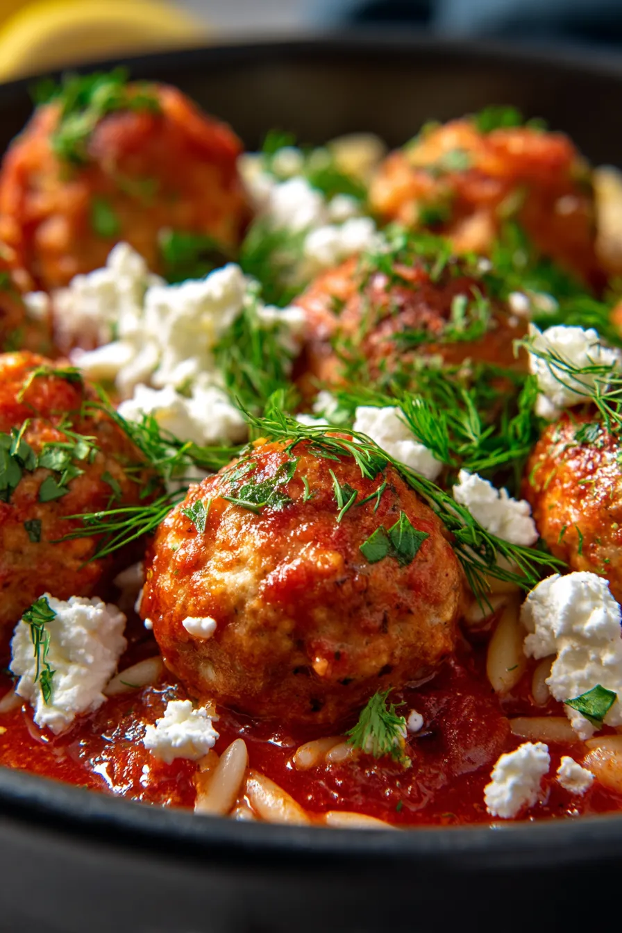 Crockpot Greek Chicken Meatballs with Lemon Orzo - closeup - texture