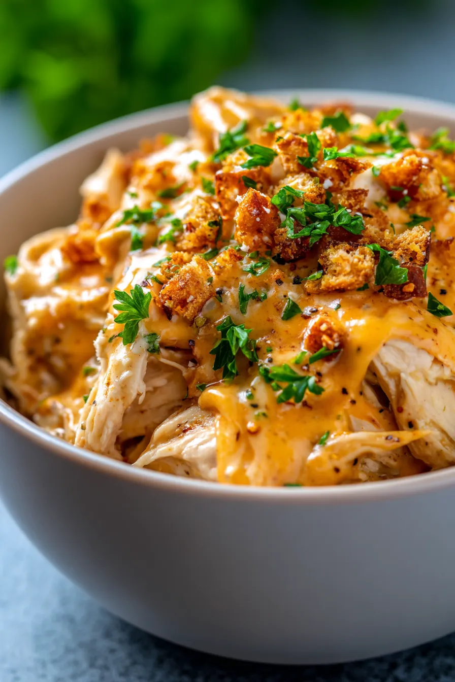Crockpot Pretzel Chicken with Cheddar Sauce-serving