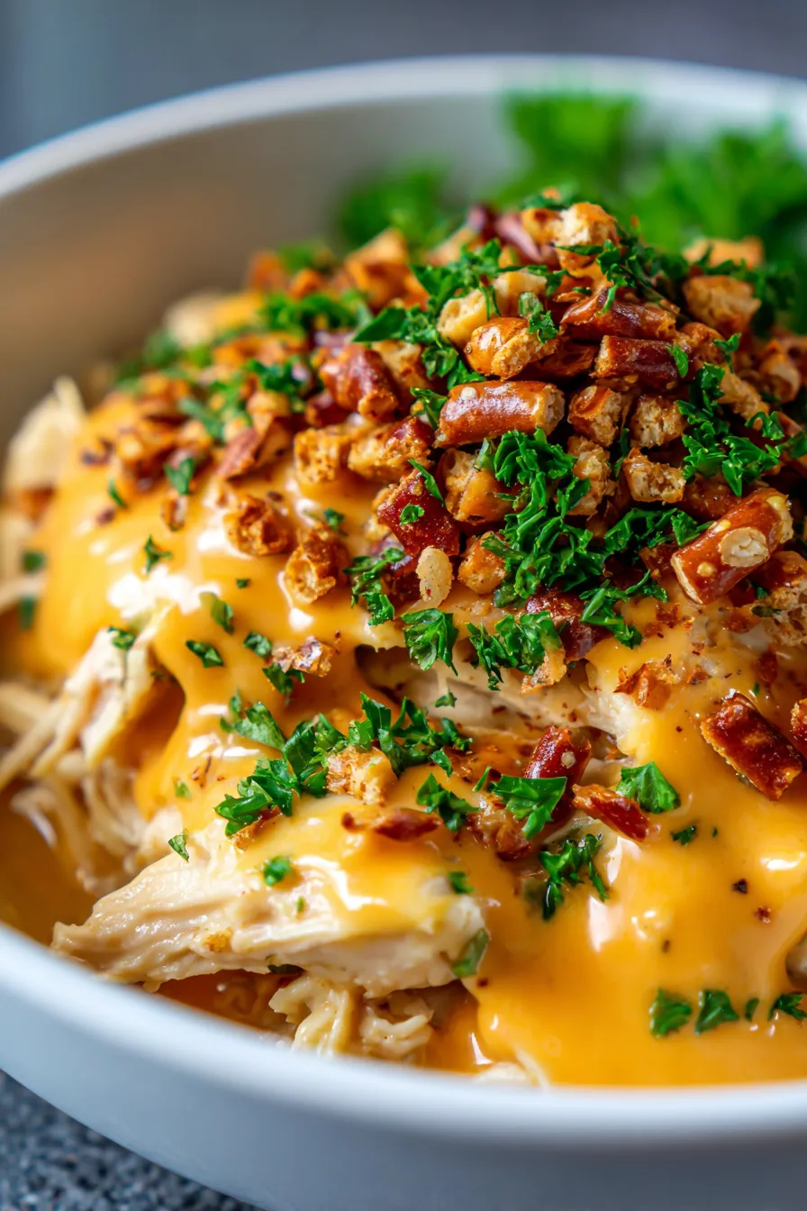 Crockpot Pretzel Chicken with Cheddar Sauce-texture-closeup