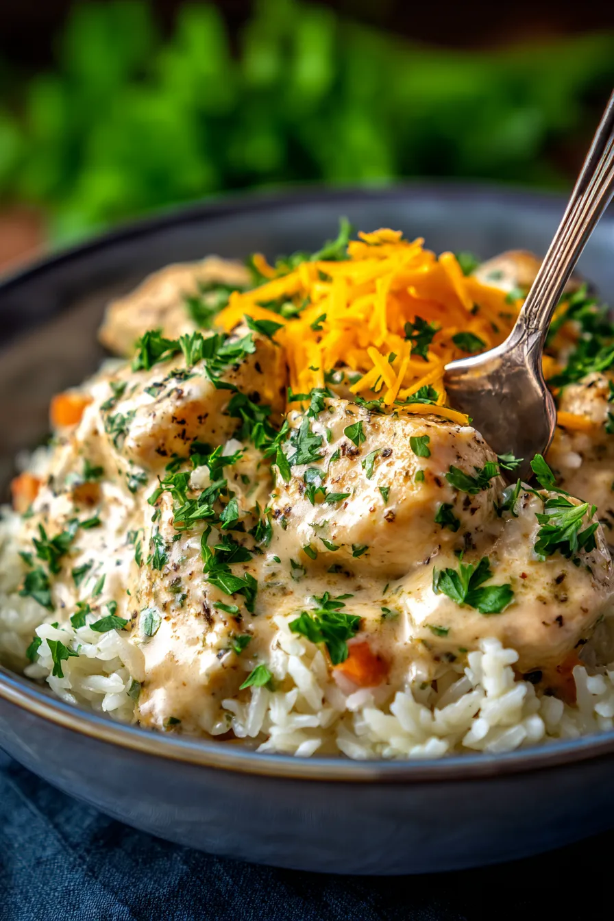 Crockpot Smothered Chicken and Rice Comfort Meal-plated-garnished