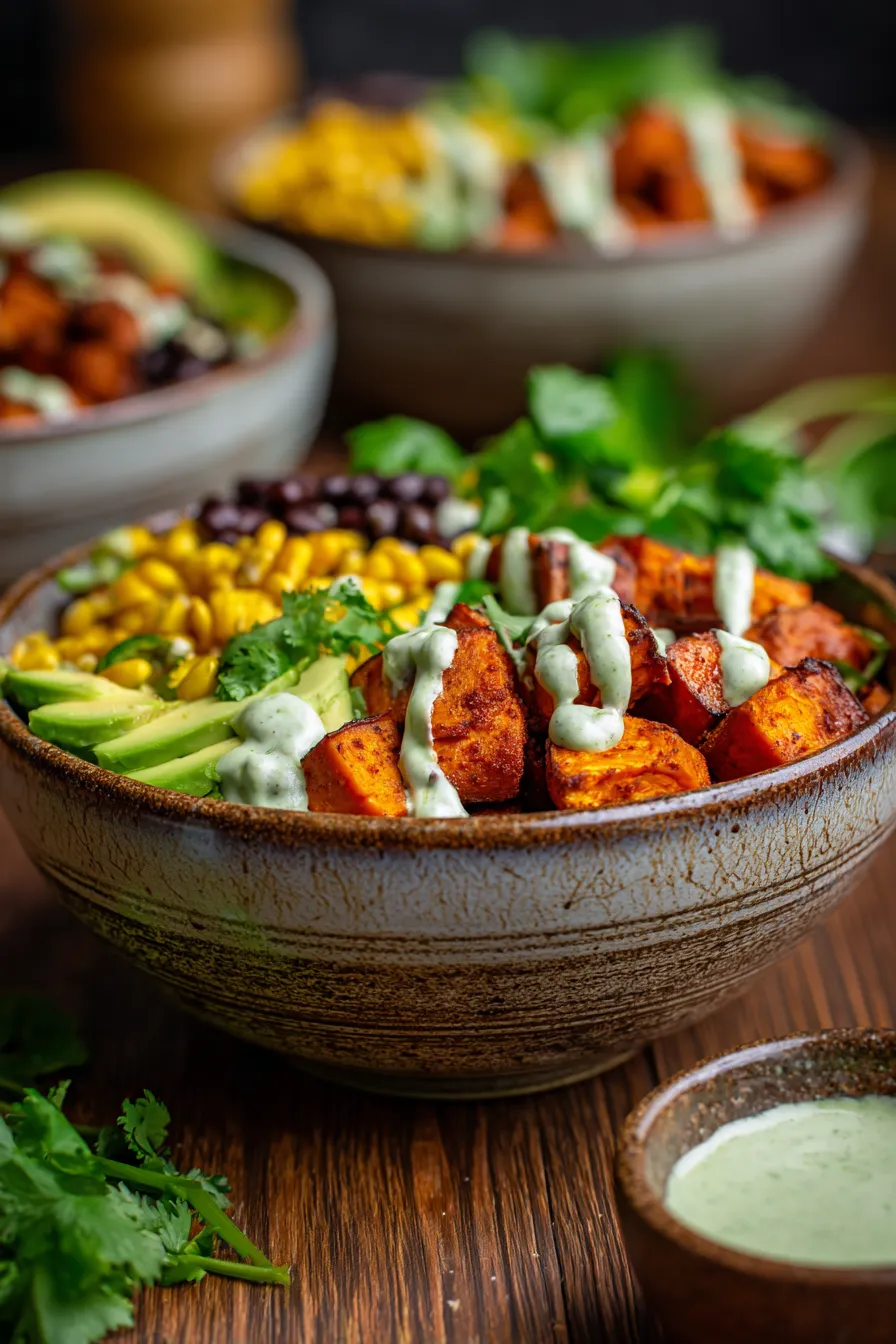 Finished Sweet Potato Taco Bowl with toppings - fresh and colorful