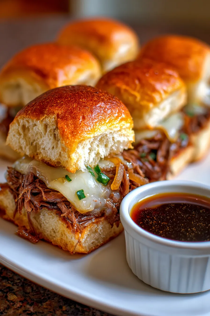 french dip sliders cheese melt close-up