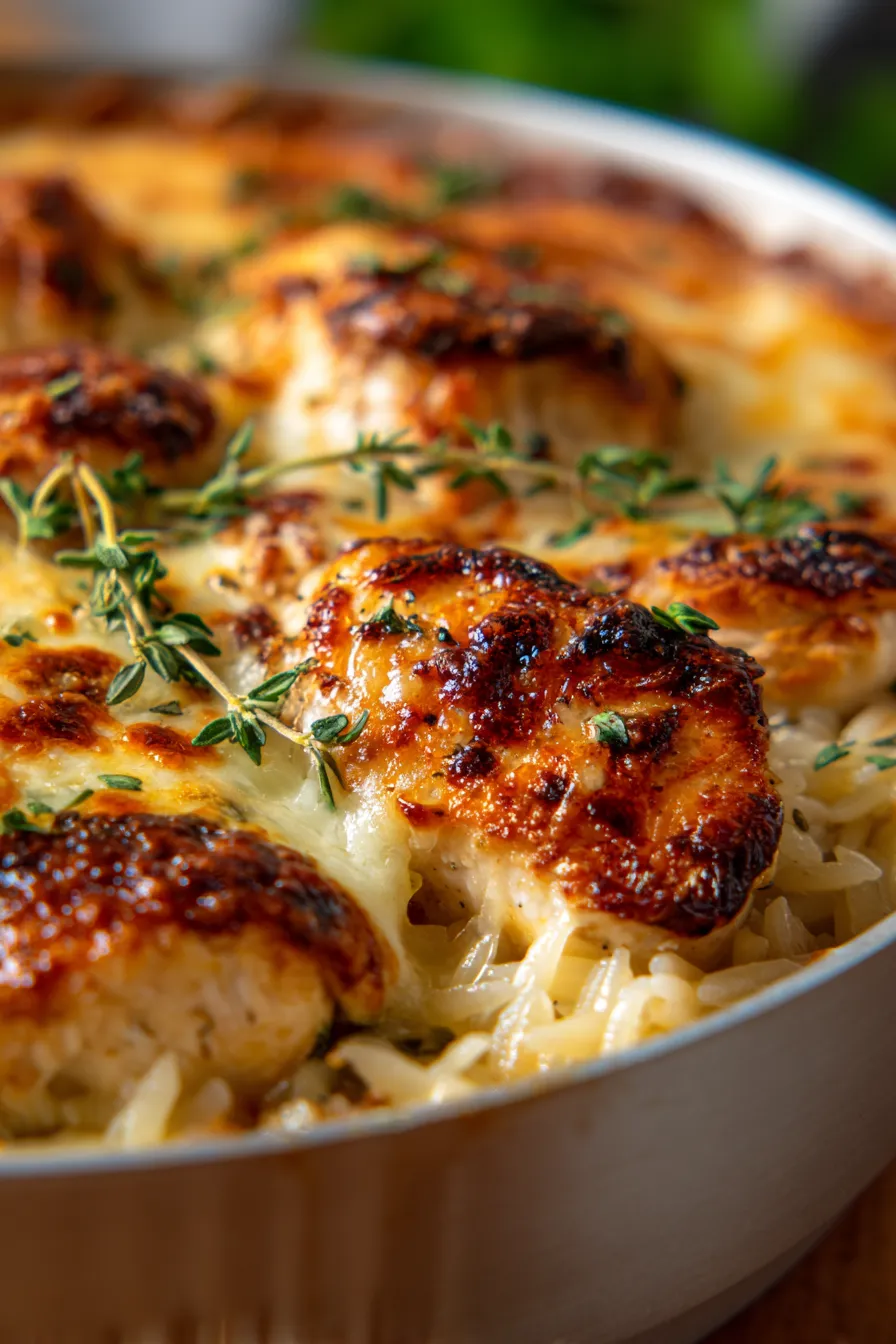 French Onion Chicken Orzo Bake (One-Pan Cozy Meal)-bubbling cheese-texture