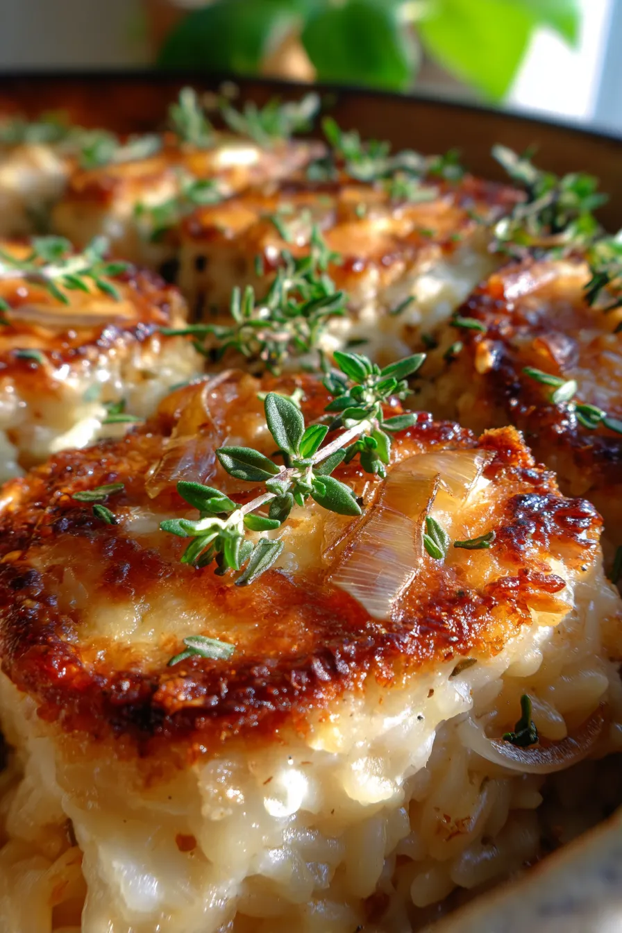French Onion Chicken Orzo Bake (One-Pan Cozy Meal)-serving-closeup-creamy