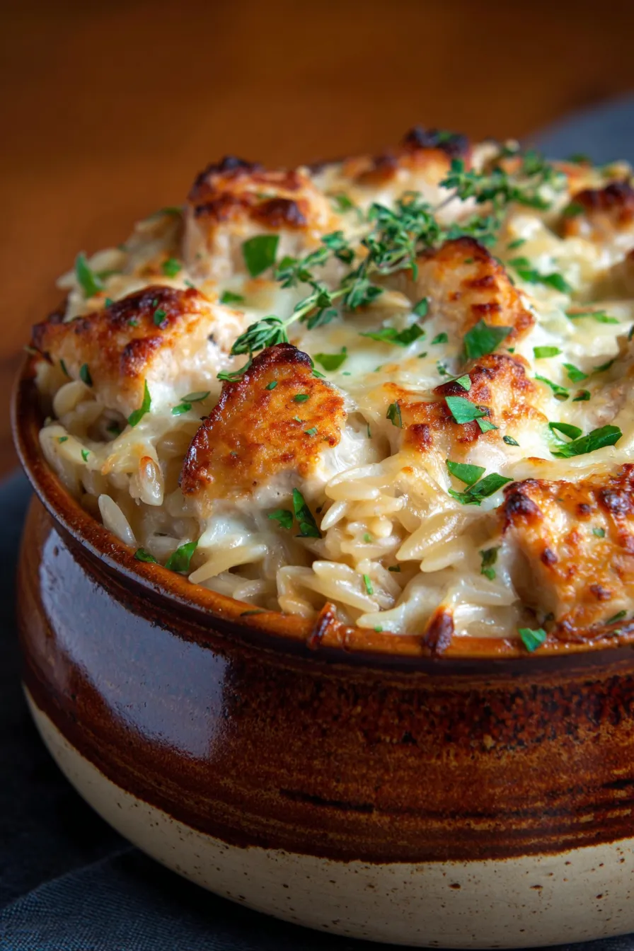 French Onion Chicken Orzo Casserole-serving-spoonful-steam