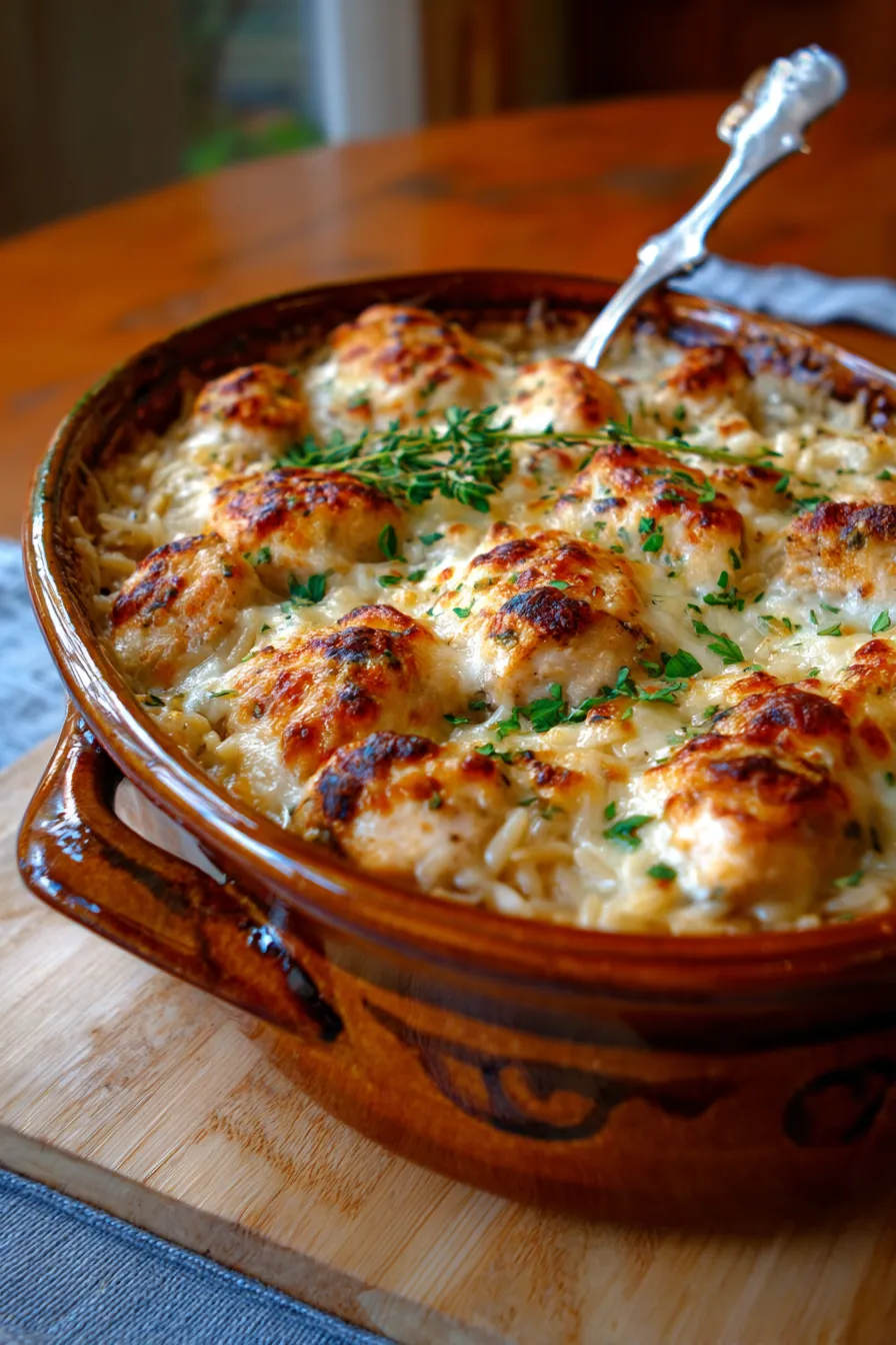French Onion Chicken Orzo Casserole-texture-closeup-melted cheese