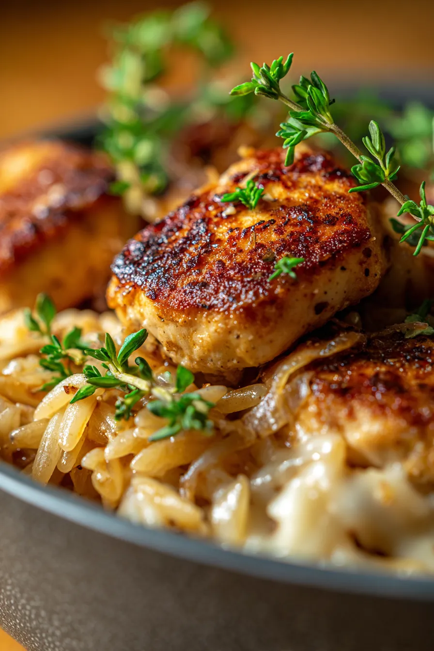 French Onion Chicken Orzo (Creamy 30-Minute Dinner)-closeup-texture