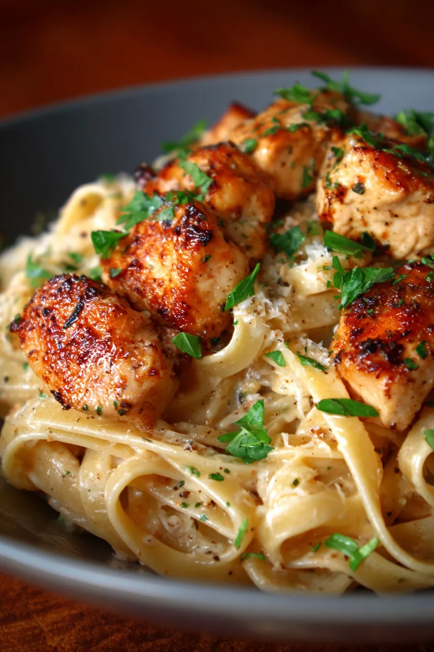 Garlic Parmesan Chicken Pasta-close-up-chicken-pasta-parsley-garnish