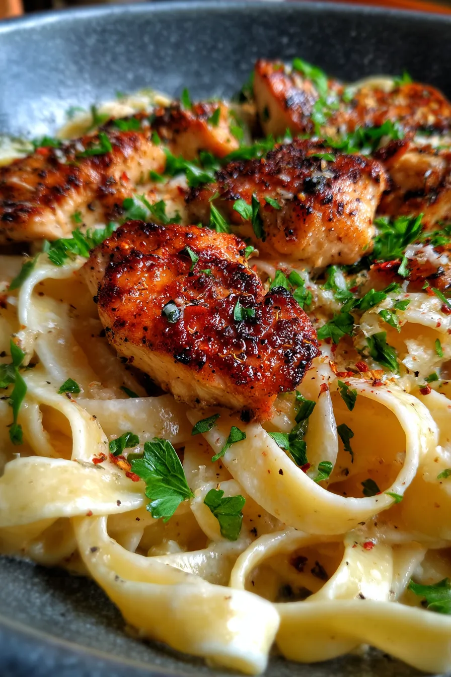 Garlic Parmesan Chicken Pasta (Easy Creamy Dinner)-creamy-texture-closeup