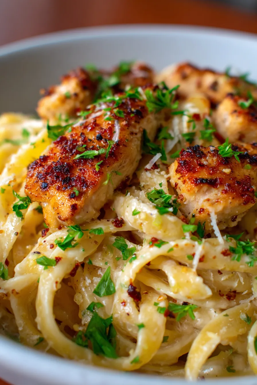 Garlic Parmesan Chicken Pasta (Easy Creamy Dinner)-spoonful-action-shot