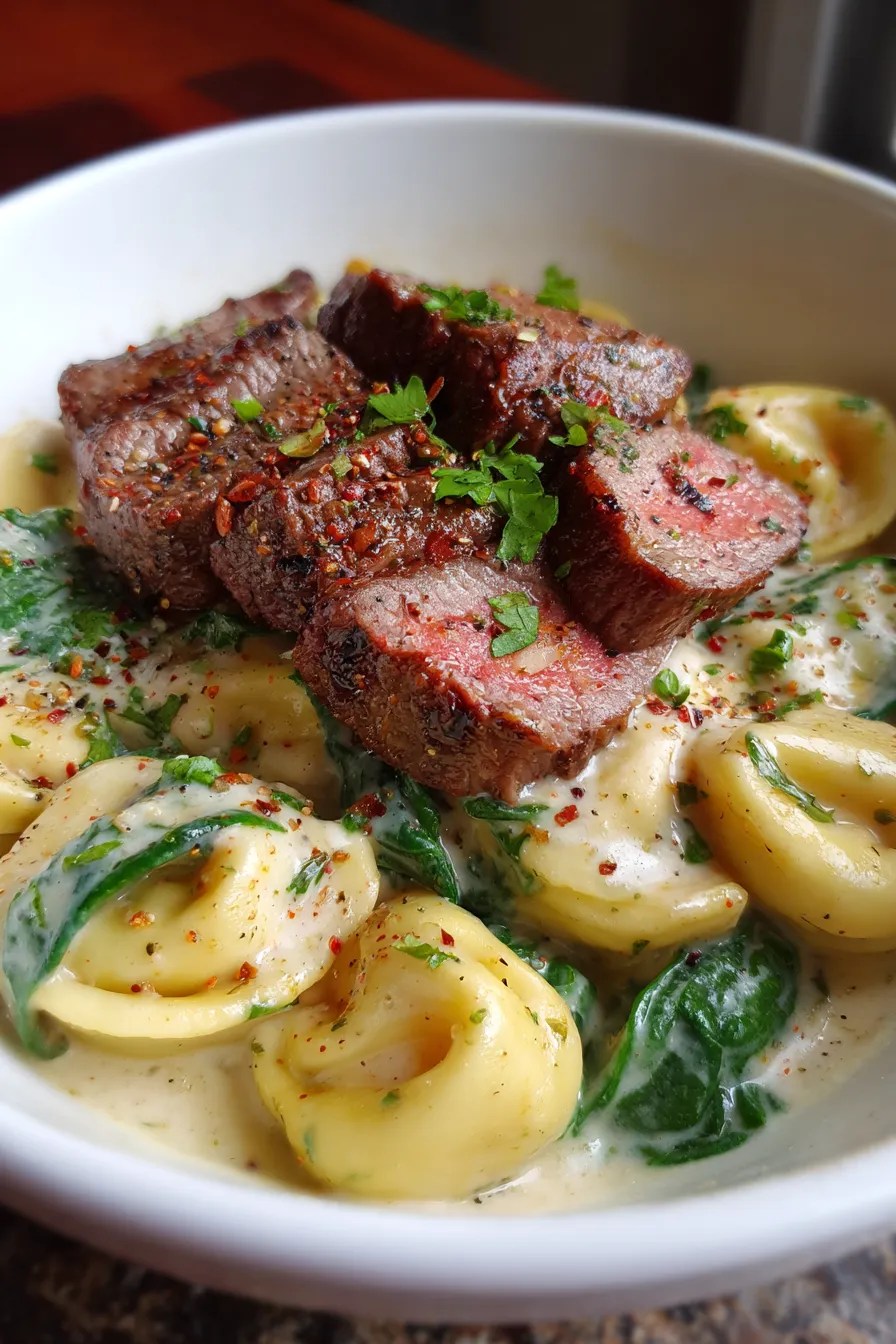 Garlic Steak Tortellini closeup texture