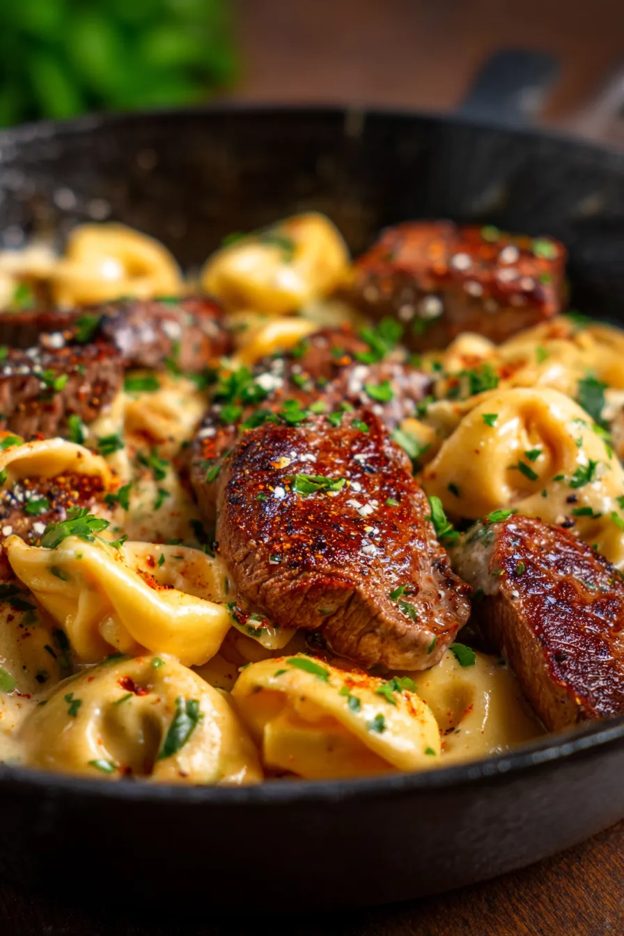 Garlic Steak Tortellini Skillet-steak-closeup