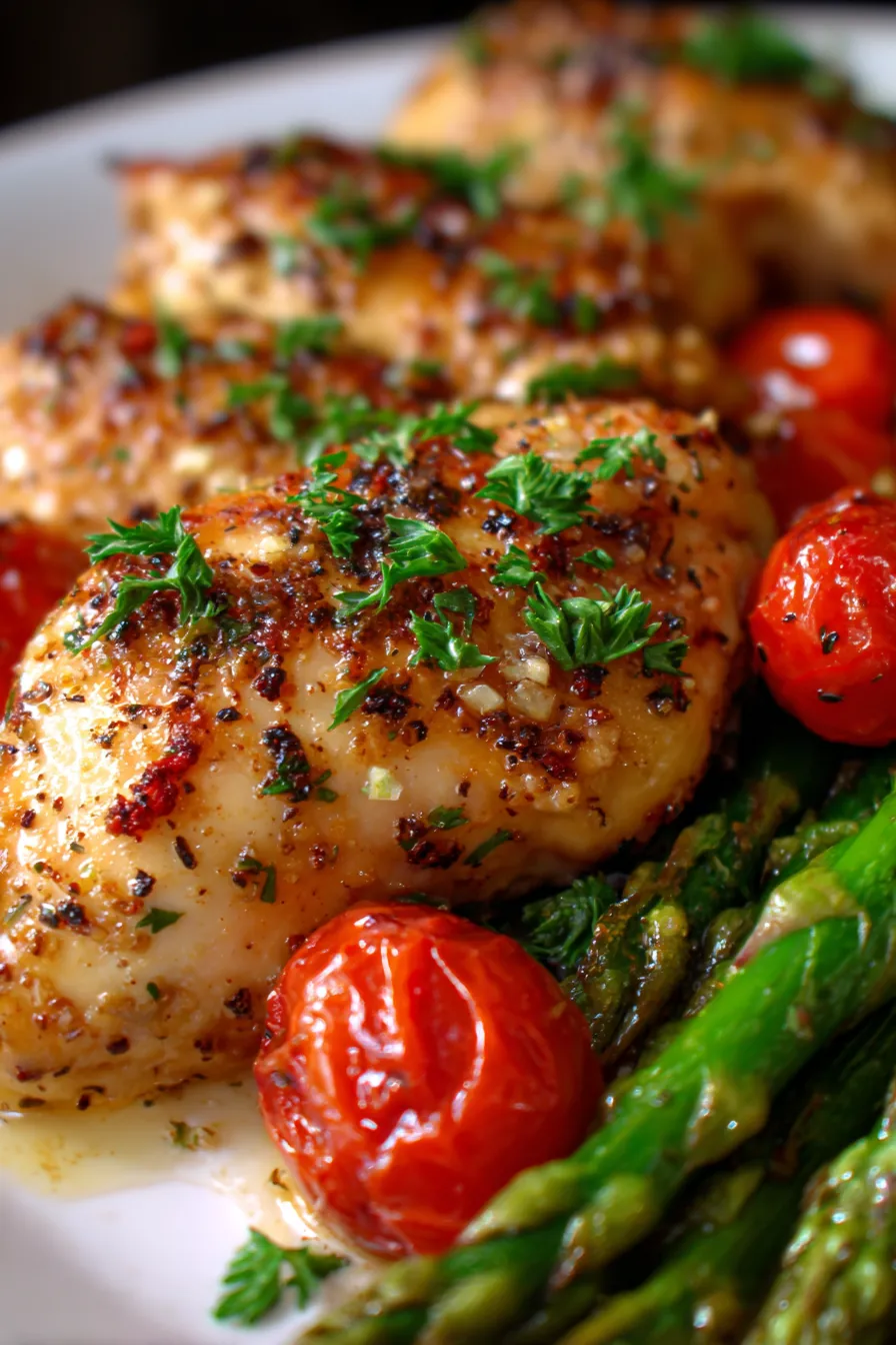 Golden chicken pieces with garlic butter sauce close-up