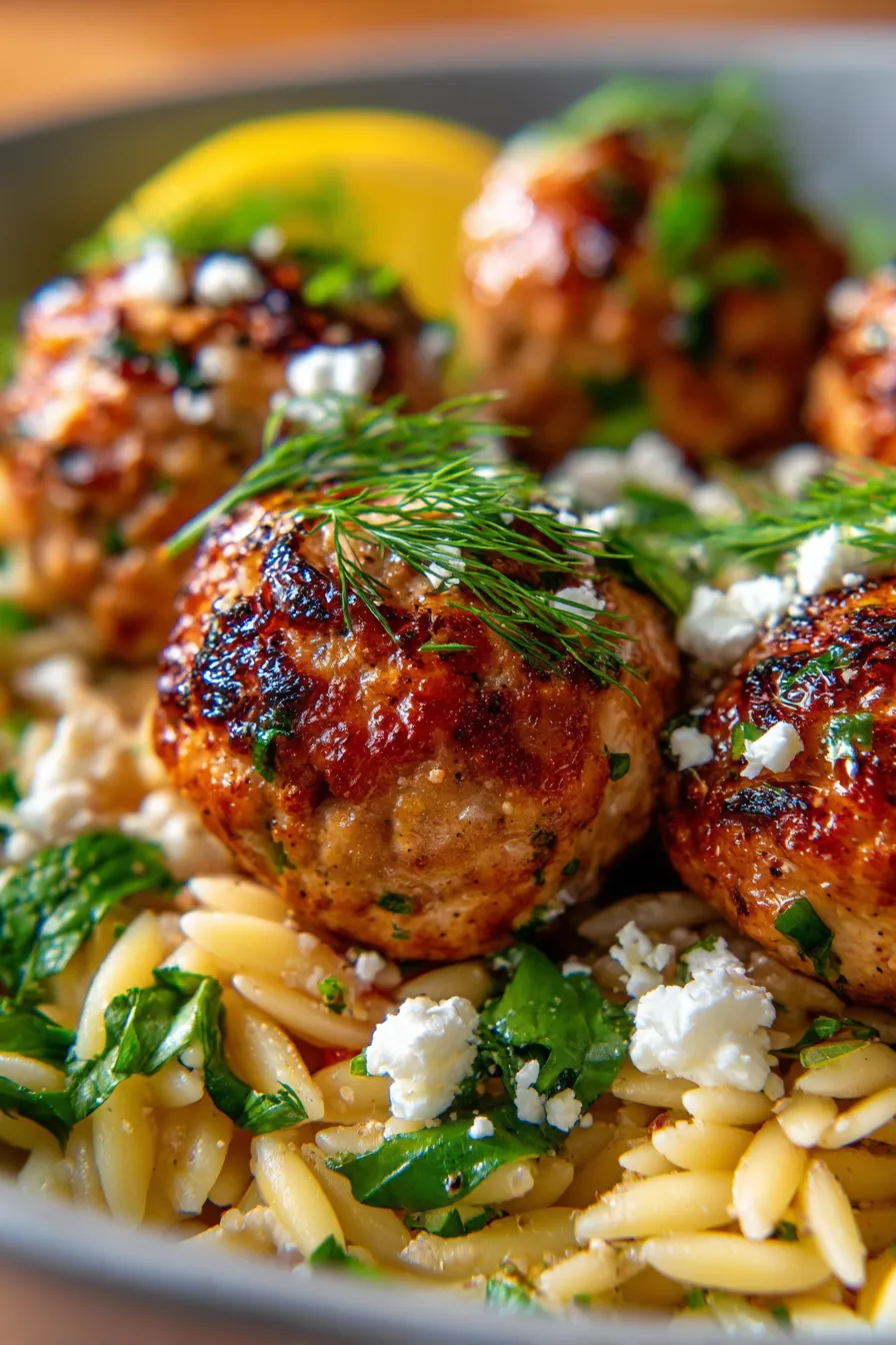 Greek Chicken Meatballs with Lemon Orzo-serving-fork