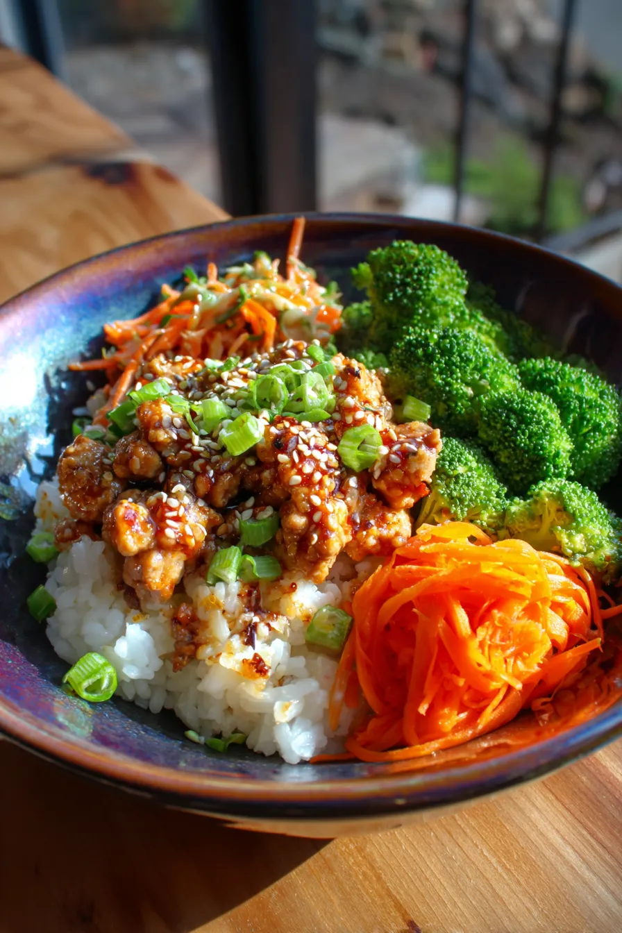 Ground Turkey Teriyaki Rice Bowls served with broccoli