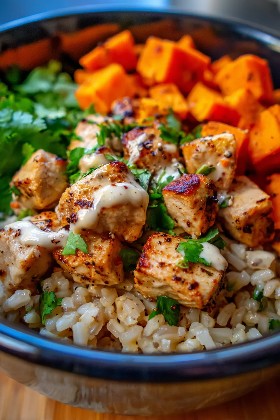 Healthy Chicken and Sweet Potato Rice Bowl - closeup of tender chicken and sweet potato