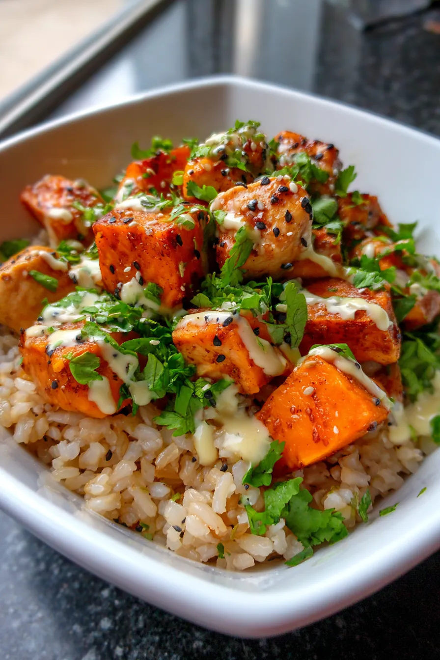 Healthy Chicken and Sweet Potato Rice Bowl - vibrant and fresh components