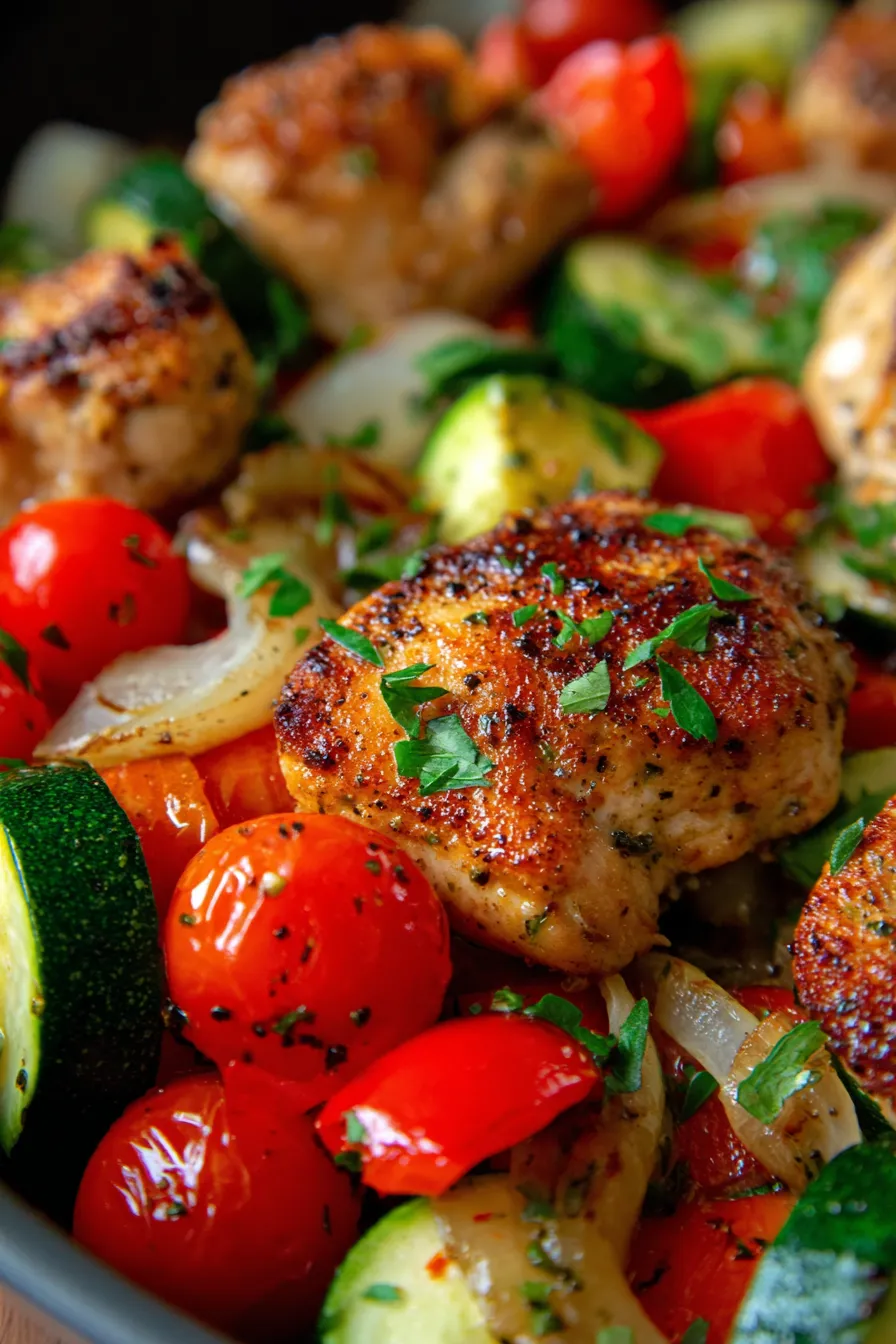 Healthy Chicken and Vegetables Skillet-closeup-texture