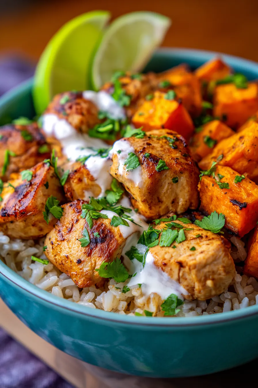 Healthy Chicken & Sweet Potato Rice Bowl (One-Pan Meal)-closeup-textures