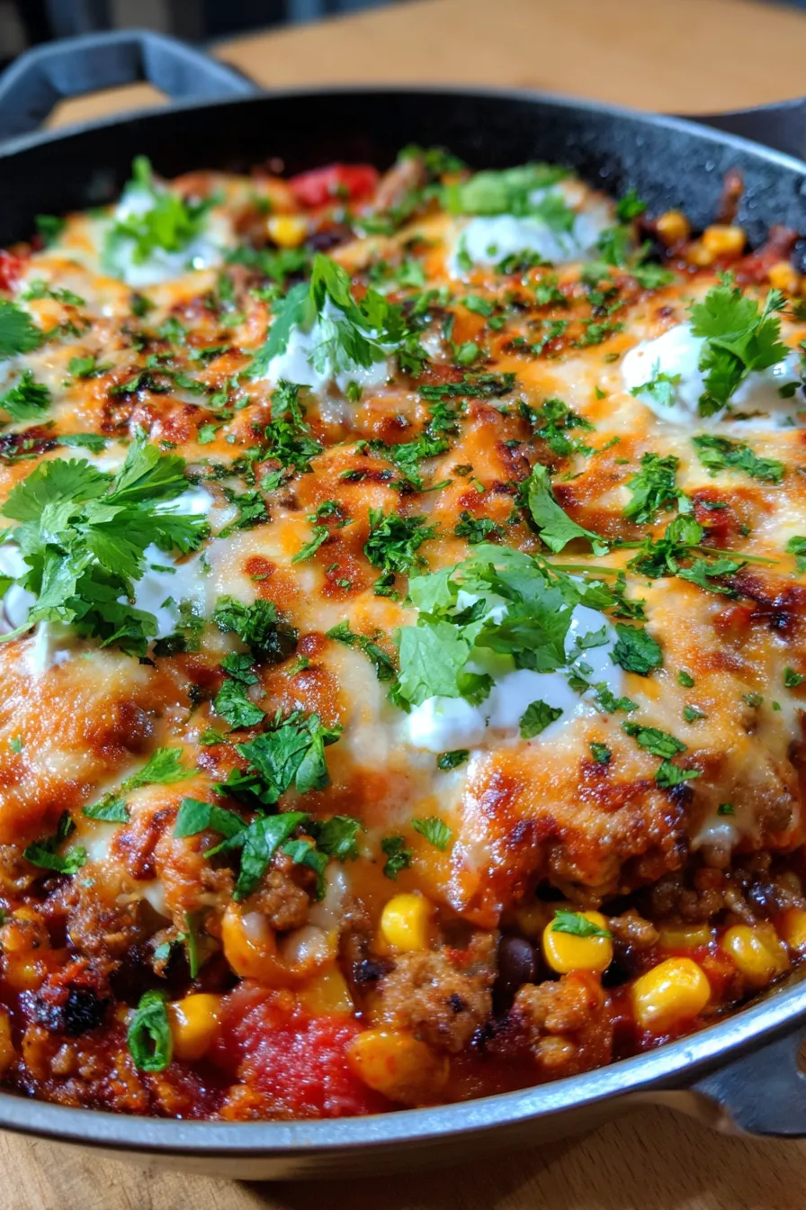 Healthy Enchilada Skillet - close up - cheesy texture